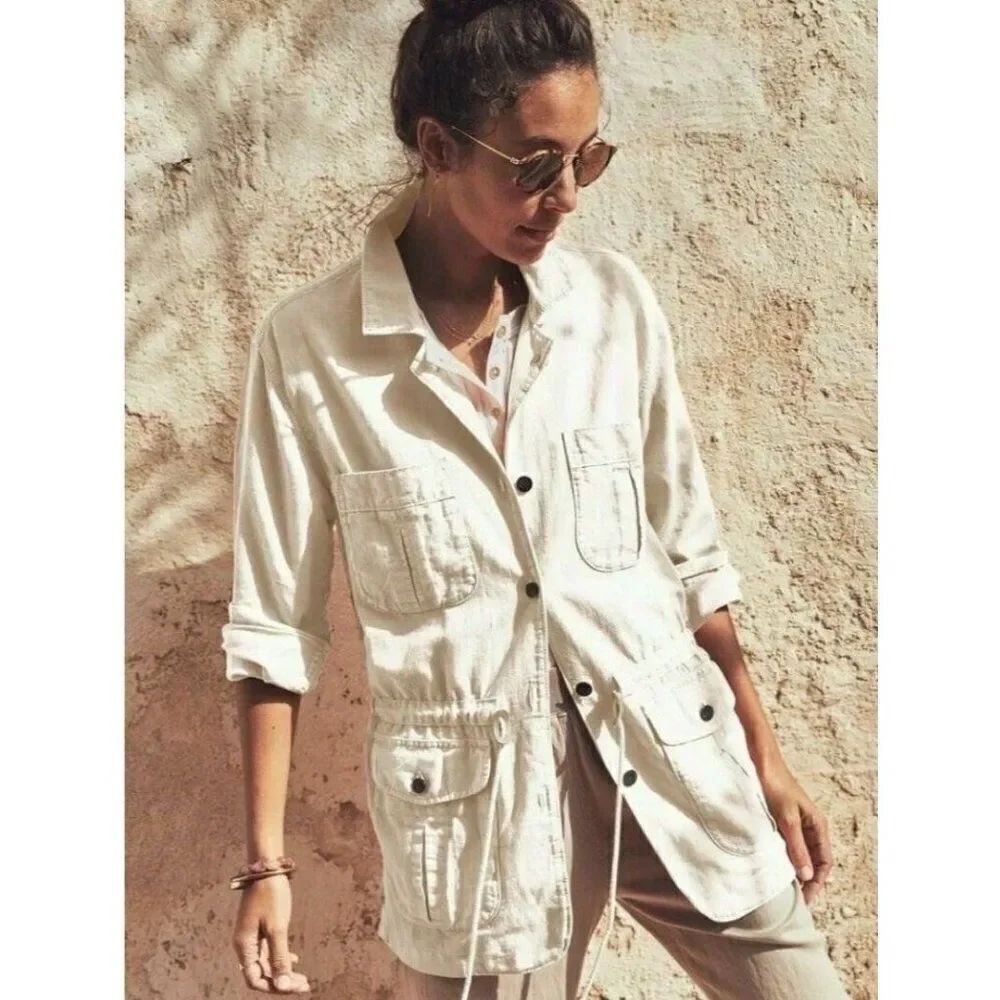 Faherty Larkspur Utility Jacket White Linen Blend Cargo Safari S